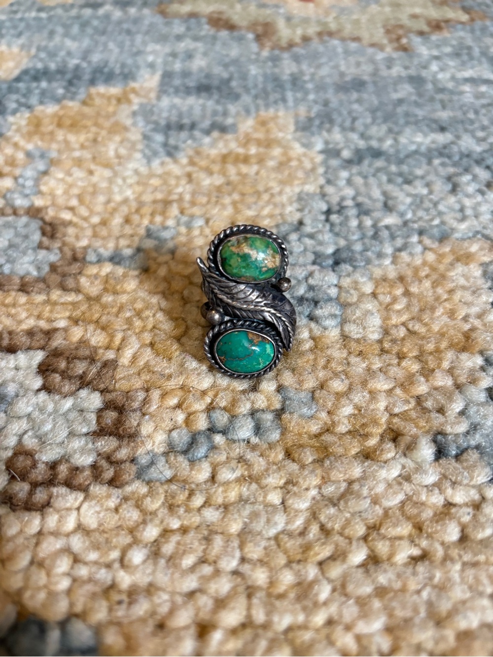 Estate/Vintage sterling Turquoise Double Stone Feather Ring - Women Jewelry - Picture 3 of 5